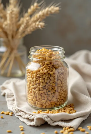 Πίτουρο κριθαριού σε κεραμικό μπολ και σκορπισμένο σε ξύλινη επιφάνεια κουζίνας