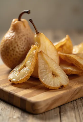 Φέτες αποξηραμένου αχλαδιού σε μπολ, με φρέσκα αχλάδια, καρύδια και κανέλα