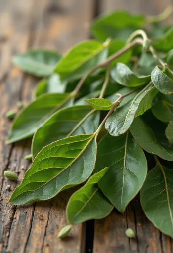 Αποξηραμένα φύλλα δάφνης σε ξύλινο πάγκο