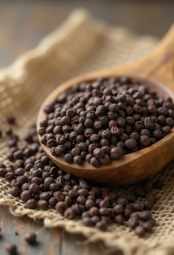 Ολόκληροι καφέ σπόροι μουστάρδας ως μπαχαρικό σε ξύλινη επιφάνεια