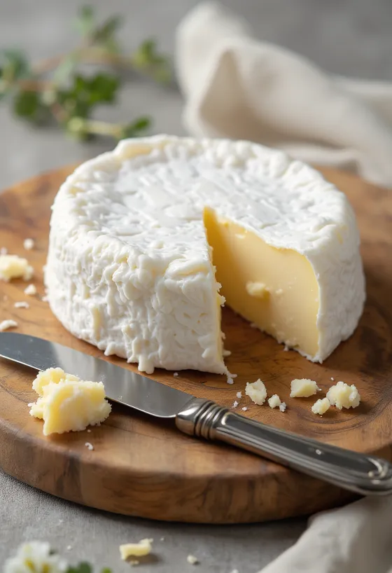 Κομμένο τυρί Brie σε ξύλινη επιφάνεια κοπής, με κρεμώδες εσωτερικό