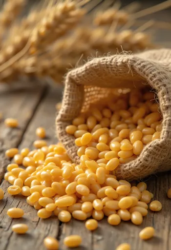 Καθαρισμένοι κόκκοι σιταριού σε σακί και σκορπισμένοι σε ξύλινη επιφάνεια