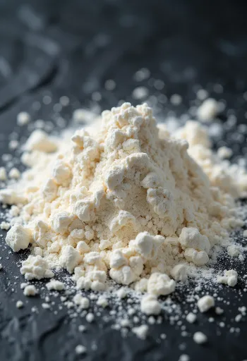 Αλεύρι σίτου σε κεραμικό μπολ, φίνα λευκή σκόνη για ζύμωμα