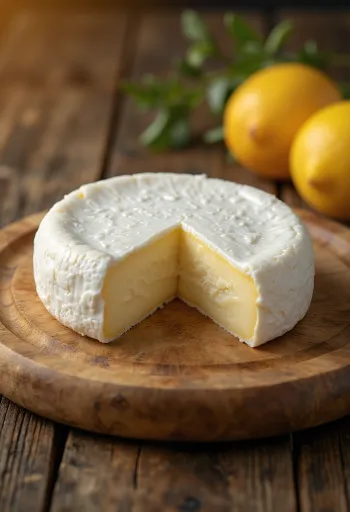 Φρέσκο τυρί Camembert σε λευκό κεραμικό μπολ σε ξύλινο τραπέζι