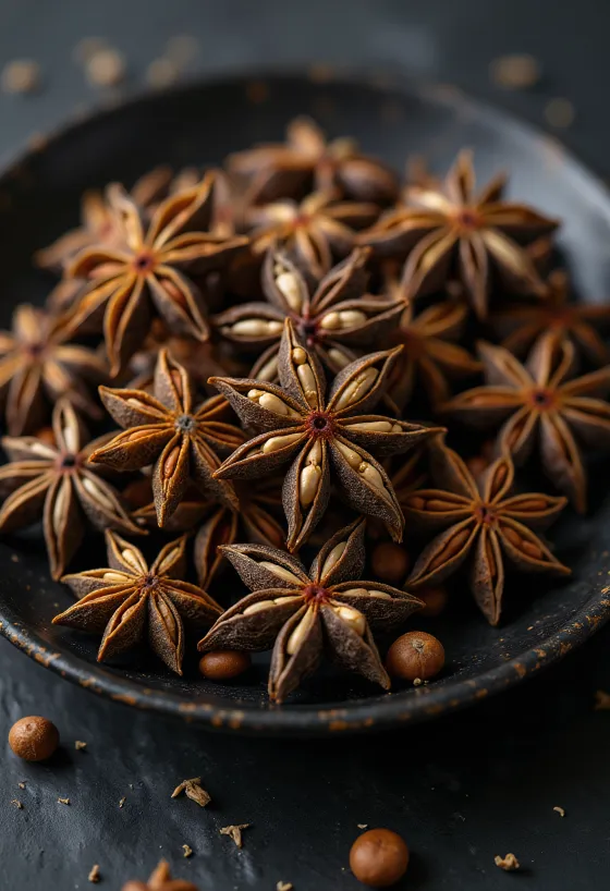 Ολόκληρος αστεροειδής γλυκάνισος, αποξηραμένο μπαχαρικό σε ξύλινη επιφάνεια