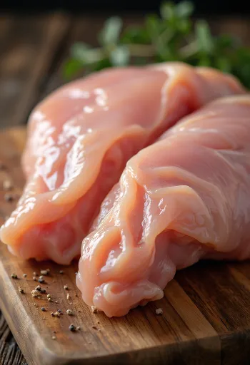 Φρέσκα κομμάτια ωμού κοτόπουλου με μπαχαρικά σε ξύλο κοπής