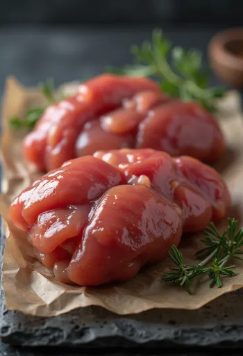 Φρέσκα συκωτάκια κοτόπουλου σε ξύλινο ξύλο κοπής