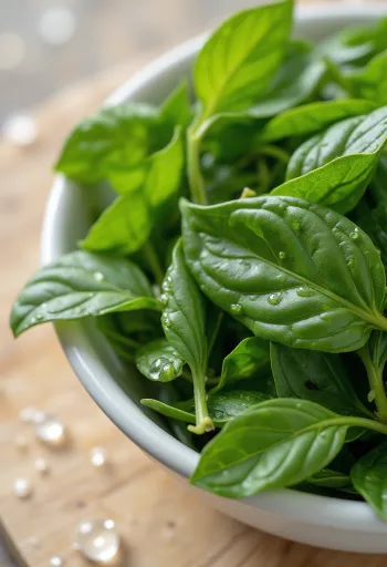 Φρέσκα φύλλα κάρυ σε ξύλινη επιφάνεια και μπολάκι