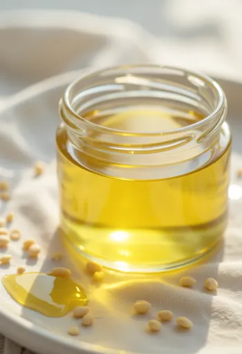 Λευκό σησαμέλαιο σε μπουκάλι και μπολ, με σπόρους σουσαμιού δίπλα