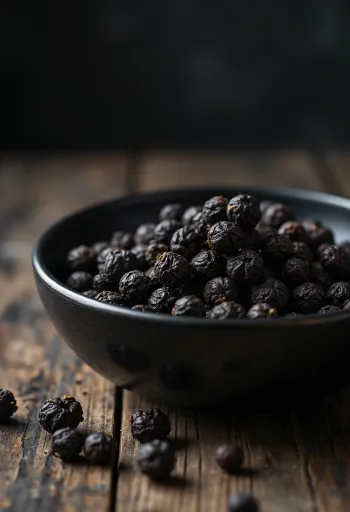 Κόκκοι μαύρου πιπεριού σε ξύλινο μπολ και διάσπαρτοι