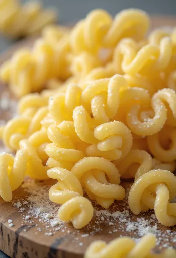Άβραστα ζυμαρικά fusilli (βίδες) σε ξύλινη επιφάνεια