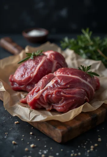 Φρέσκο κρέας πιτσουνιού με μπαχαρικά, φασκόμηλο και σκόρδο σε ξύλο κοπής