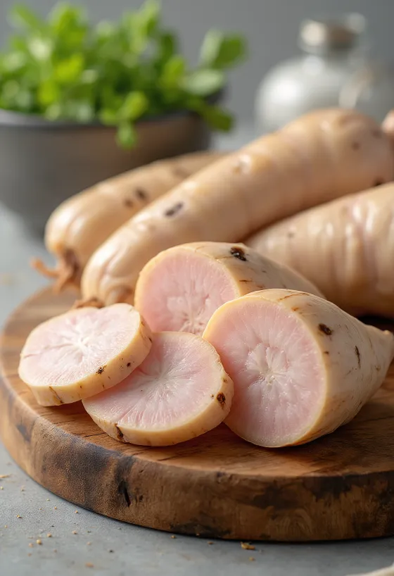 Φρέσκια ρίζα γκαλάνγκα σε φέτες και λωρίδες σε μπολ