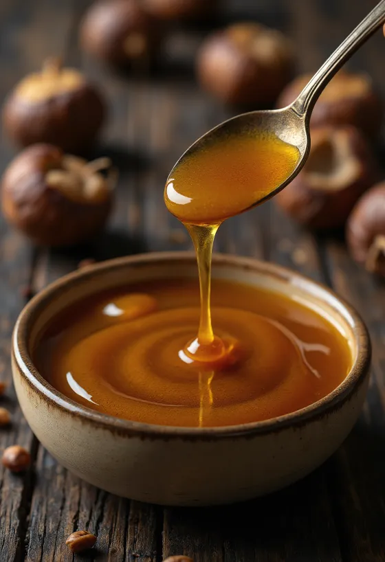 Σκούρο μέλι καστανιάς σε βάζο, με ειδικό κουτάλι μελιού και άνθη