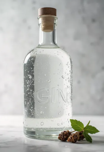 Μπουκάλι Gin και ποτήρι με πάγο, πλαισιωμένα από καρπούς αρκεύθου και μπαχαρικά
