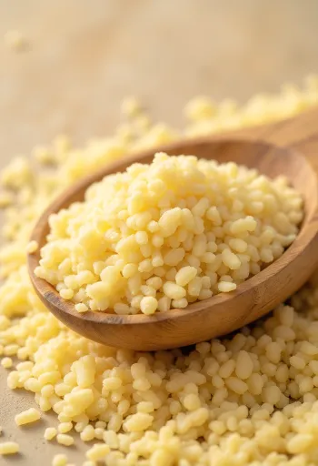 Ωμό σιμιγδάλι σε ρουστίκ μπολ πάνω σε ξύλινη επιφάνεια