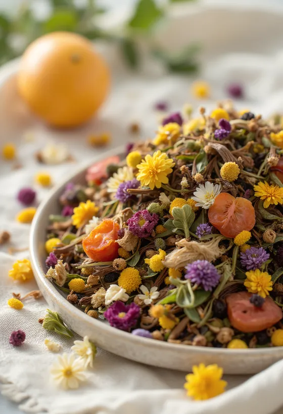 Μείγμα αποξηραμένων βοτάνων σε μπολ και κουτάλι