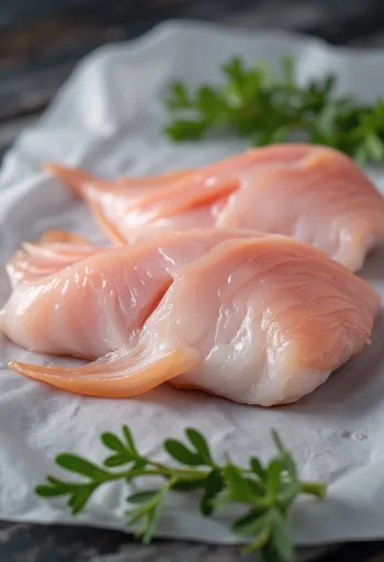 Φρέσκα φιλέτα γουλιανού με μπαχαρικά, λεμόνι και μαϊντανό σε ξύλο κοπής