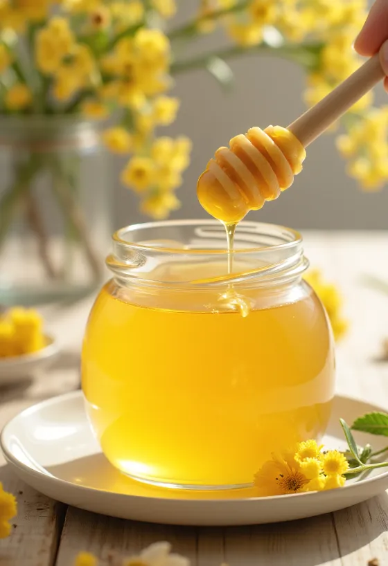 Μέλι φλαμουριάς σε βάζο, με ξύλινο κουτάλι και άνθη φλαμουριάς