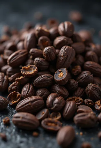 Cacao nibs σε μικρό μπολ, δίπλα σε κομμάτια κακάο, σε ρουστίκ ξύλινο φόντο
