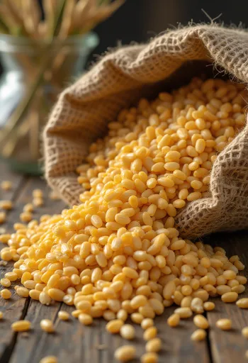 Κόκκοι Καμούτ και αλεύρι Καμούτ που χύνονται από σακί σε ξύλινη επιφάνεια