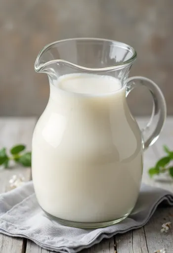 Φρέσκο κατσικίσιο γάλα σε ποτήρι και κανάτα σε φωτεινή κουζίνα