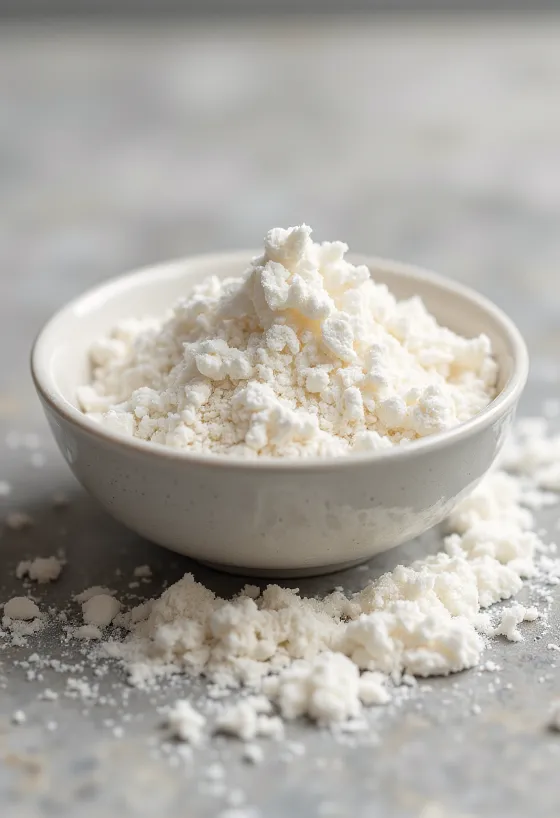 Σκόνη γάλακτος καρύδας σε μπολ και χύμα σε επιφάνεια κουζίνας