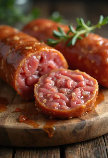 Κομμένο ξηρό λουκάνικο σε ξύλινη επιφάνεια κοπής, πικάντικο, με εμφανές λίπος