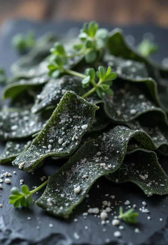 Αποξηραμένα φύλλα kombu σε ξύλινη επιφάνεια, με μερικά μουλιασμένα σε μπολάκι