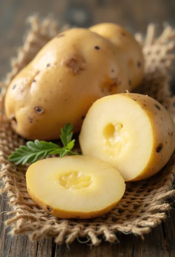 Φρέσκες πατάτες σε ξύλινο τραπέζι, ολόκληρες και κομμένες