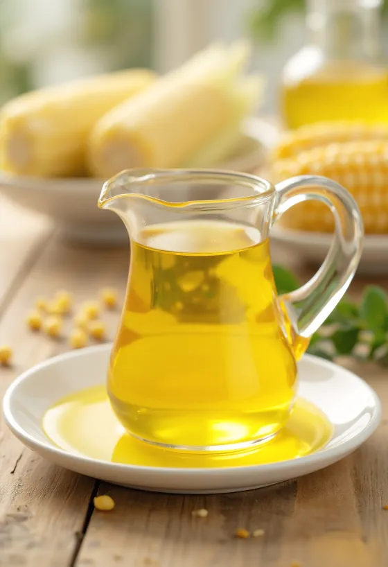 Καλαμποκέλαιο σε μπουκάλι, με σπόρους καλαμποκιού και σιμιγδάλι