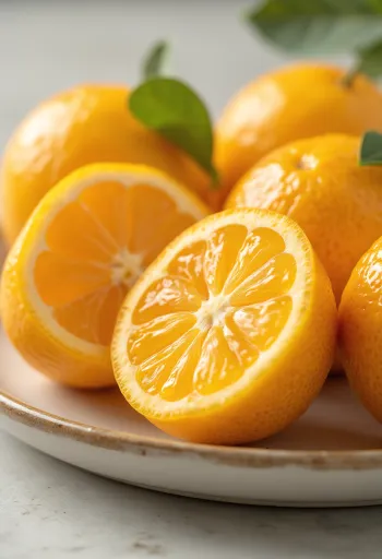 Ολόκληρα και κομμένα φρούτα κουμκουάτ με πορτοκαλί φλούδα και φέτες σε ξύλινη επιφάνεια