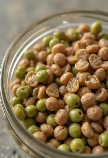 Διάφορα είδη φακής σε κεραμικά μπολάκια πάνω σε ξύλινο τραπέζι