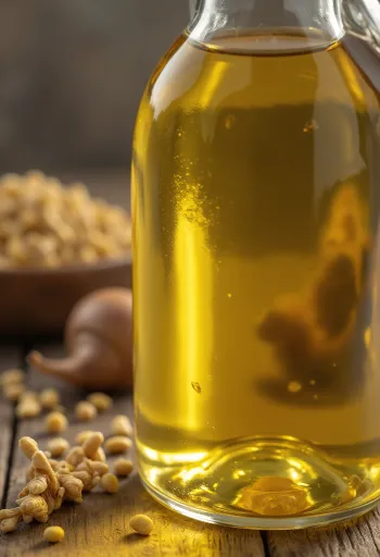 Λινέλαιο σε κεχριμπαρένιο μπουκάλι και μπολάκι σε φωτεινή επιφάνεια