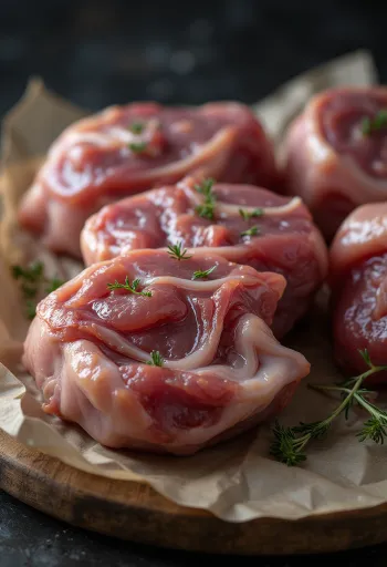 Φρέσκα κομμάτια κρέατος χήνας με φασκόμηλο, σκόρδο και καρπούς αρκεύθου