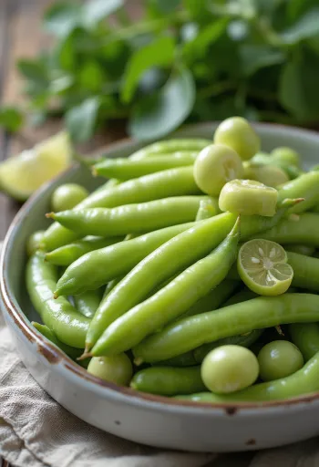 Φρέσκοι λοβοί κουκιών και καθαρισμένοι σπόροι σε ρουστίκ επιφάνεια