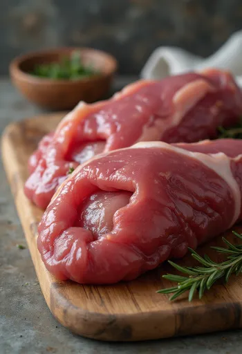 Φρέσκες φέτες ωμού συκωτιού σε ξύλο κοπής