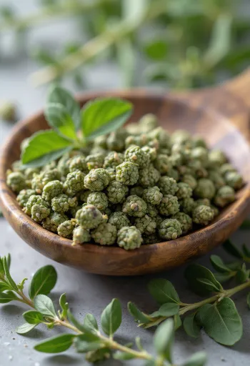 Τριμμένη και αποξηραμένη μαντζουράνα σε μπολάκι και ξύλινη επιφάνεια