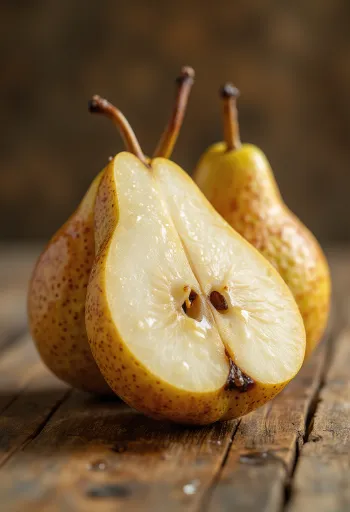 Αχλάδια Bosc φέτες και ολόκληρα σε ξύλο