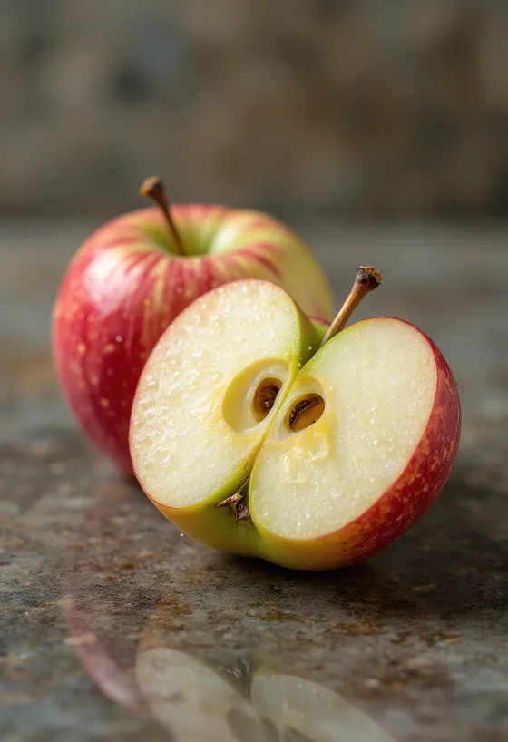 Φρέσκα μήλα Braeburn και φέτες σε ξύλο κοπής