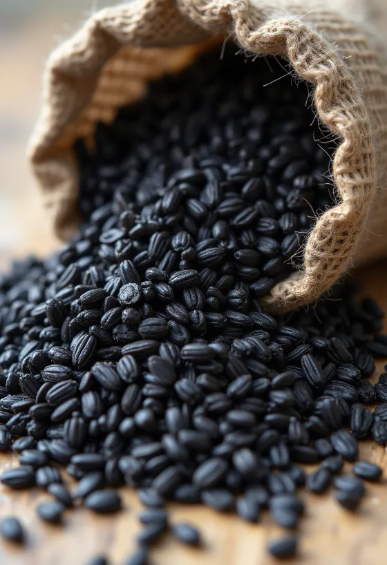 Μαύρο ρύζι σε μικρό βάζο, με έντονο σκούρο χρώμα και κόκκους γύρω