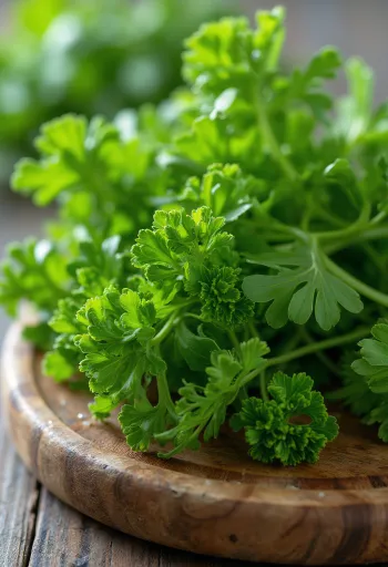 Φρέσκος σγουρός μαϊντανός με πράσινα φύλλα σε ξύλο κοπής