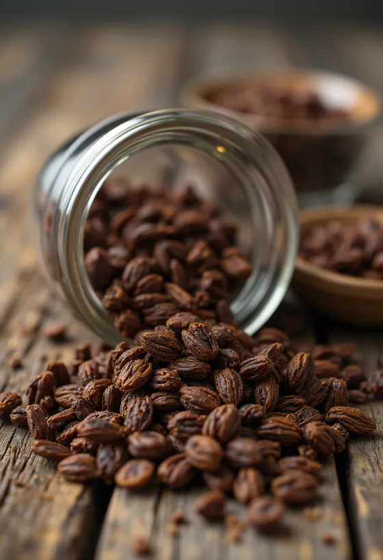 Κόκκοι ψημένης σίκαλης σε ξύλο κοπής