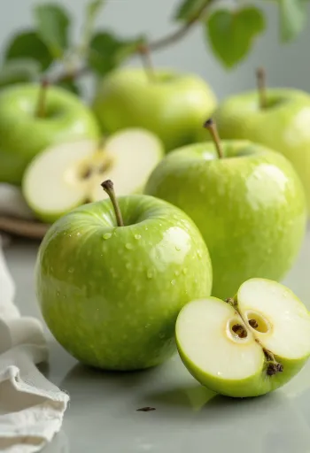 Φρέσκα μήλα Granny Smith και φέτες σε ξύλο κοπής