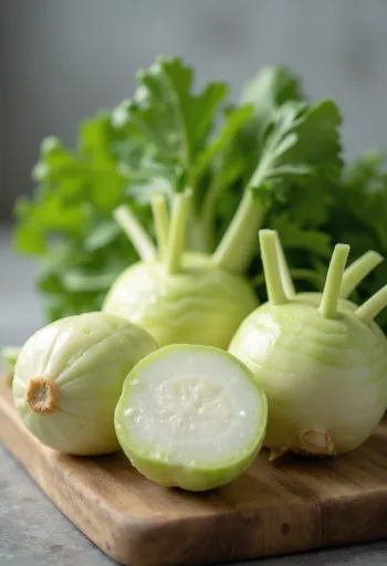 Φρέσκες φέτες γογγυλοκράμβης (kohlrabi) σε ξύλο κοπής, με πράσινα φύλλα στο φόντο