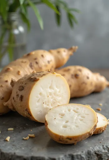 Κομμένες ρίζες μανιόκας (cassava) σε ξύλο κοπής, με λαχανικά