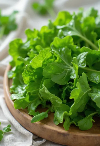 Φρέσκα φύλλα μουστάρδας με σταγόνες δροσιάς σε ξύλινη επιφάνεια.