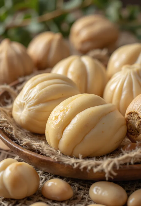 Καρύδια Pili τοποθετημένα πάνω σε ξύλινο πάγκο κουζίνας