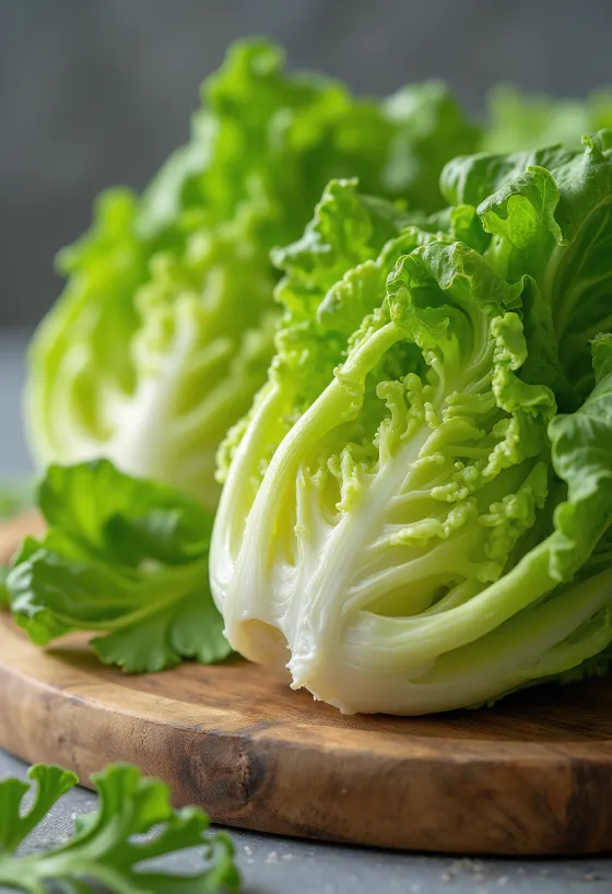 Φρέσκο μαρούλι Romaine, με μακριά τραγανά φύλλα σε ξύλο κοπής