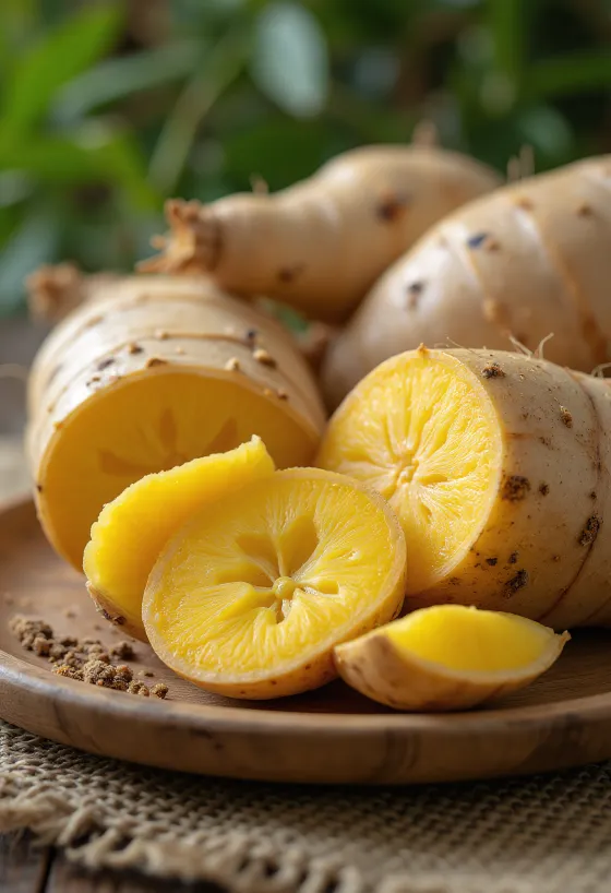 Φέτες ρίζας Arracacha σε ξύλο κοπής